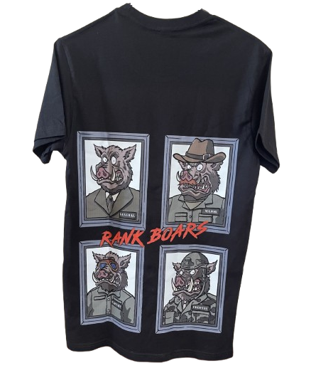 A black short-sleeve graphic t-shirt featuring four cartoon boar characters dressed in military and civilian attire, with the red text 'RANK BOARS' across the center.