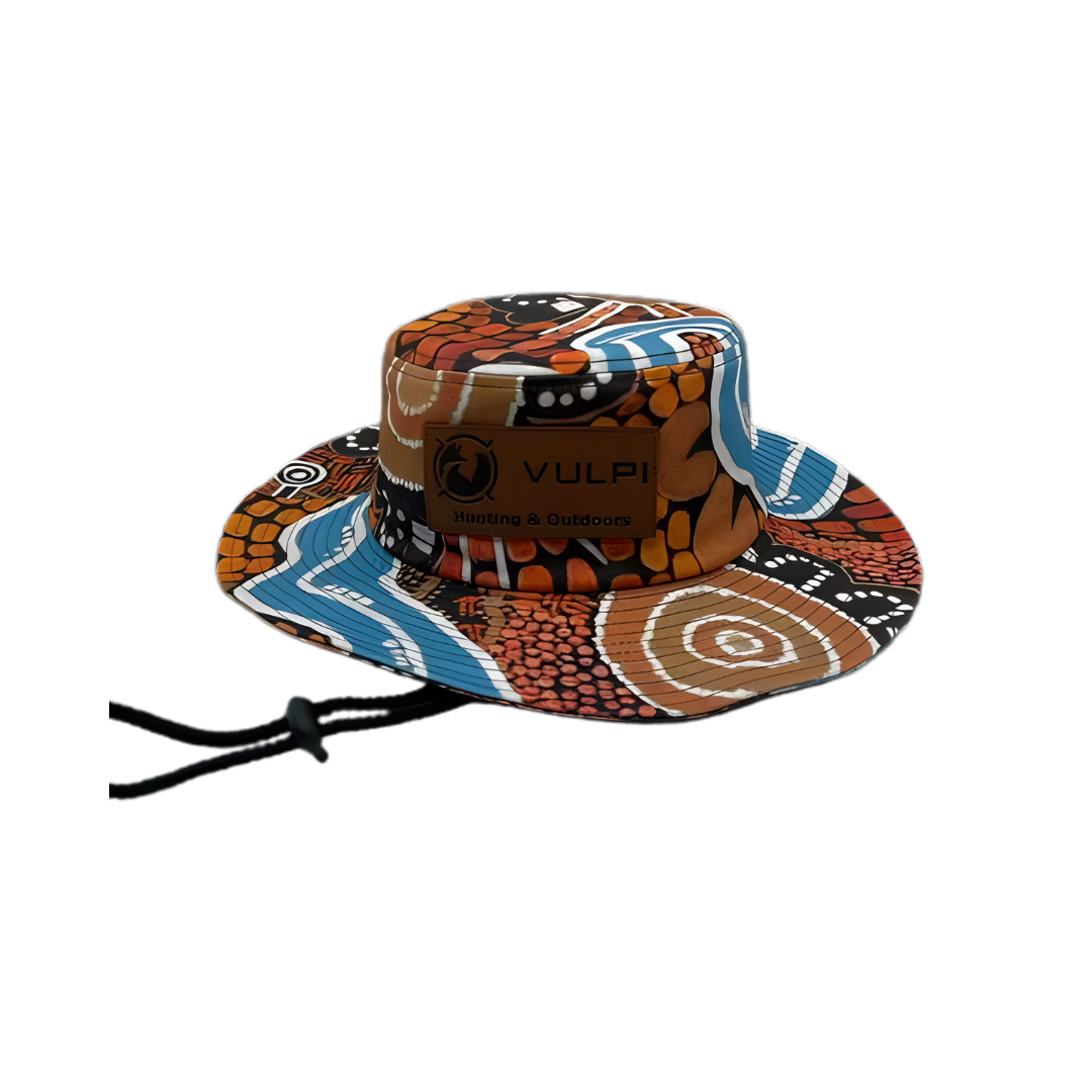Colorful patterned bucket hat with 'Vulpi' branding 