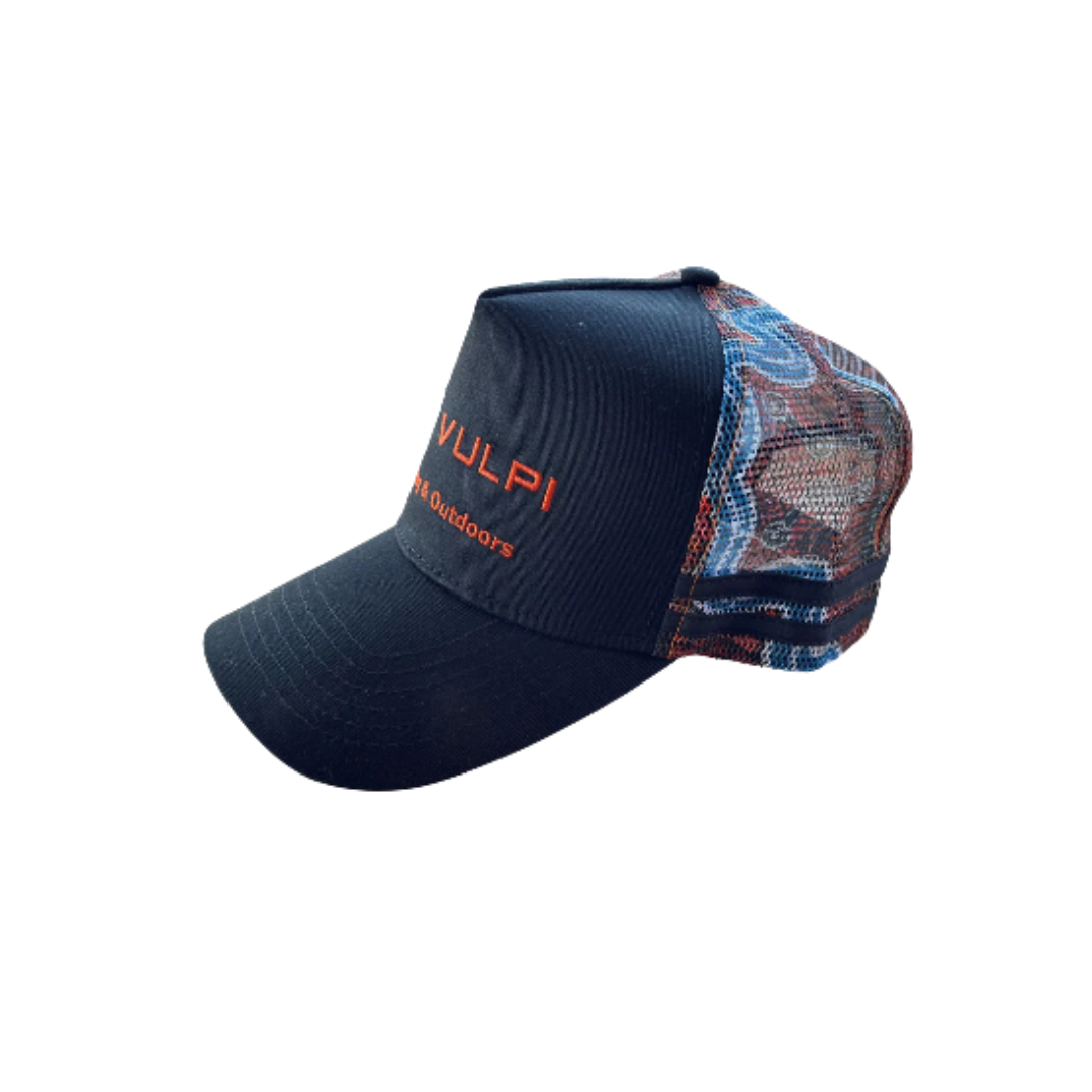 Navy blue Hat with red text and patterned side 