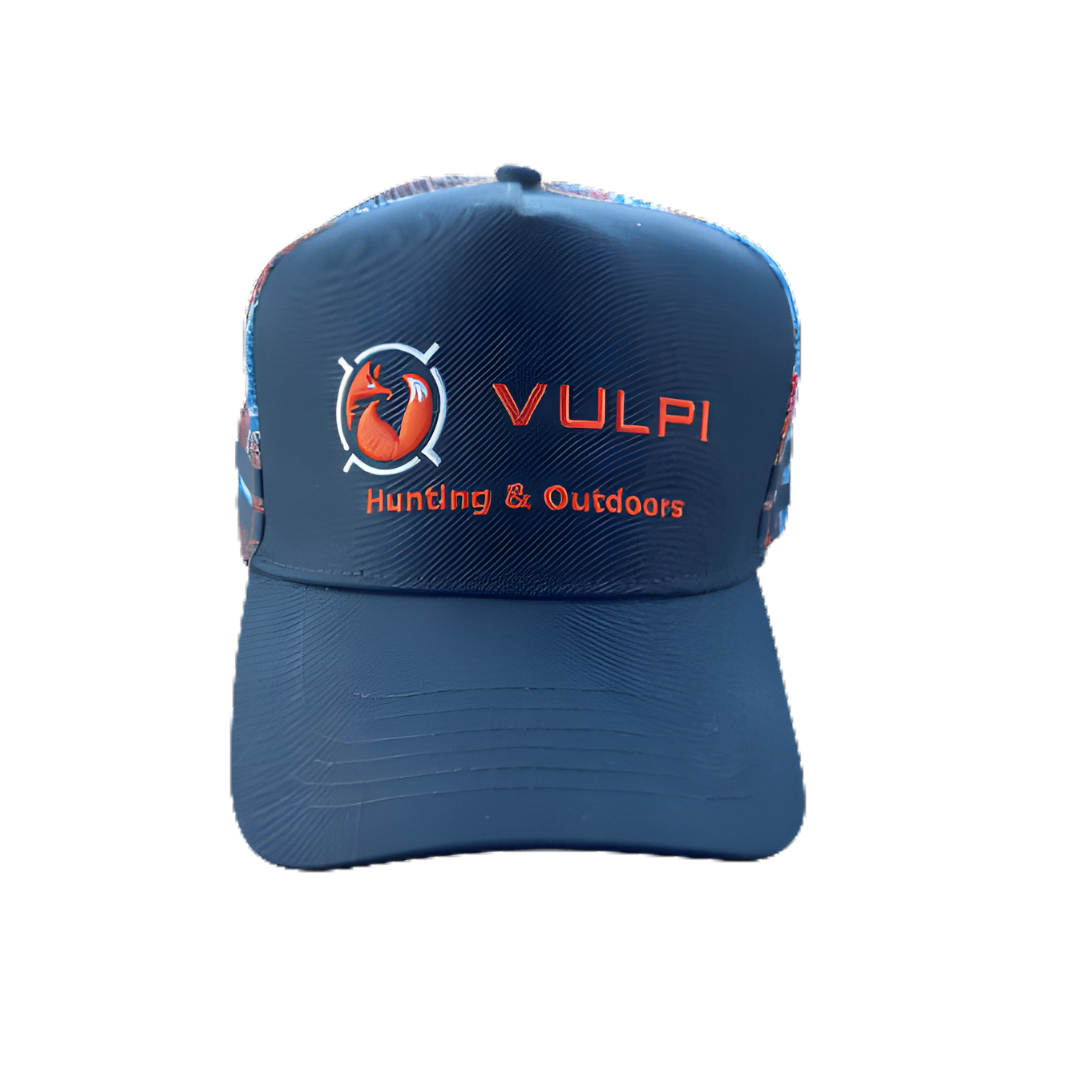 Navy cap with Vulpi Hunting & Outdoors logo with coming home pattern 