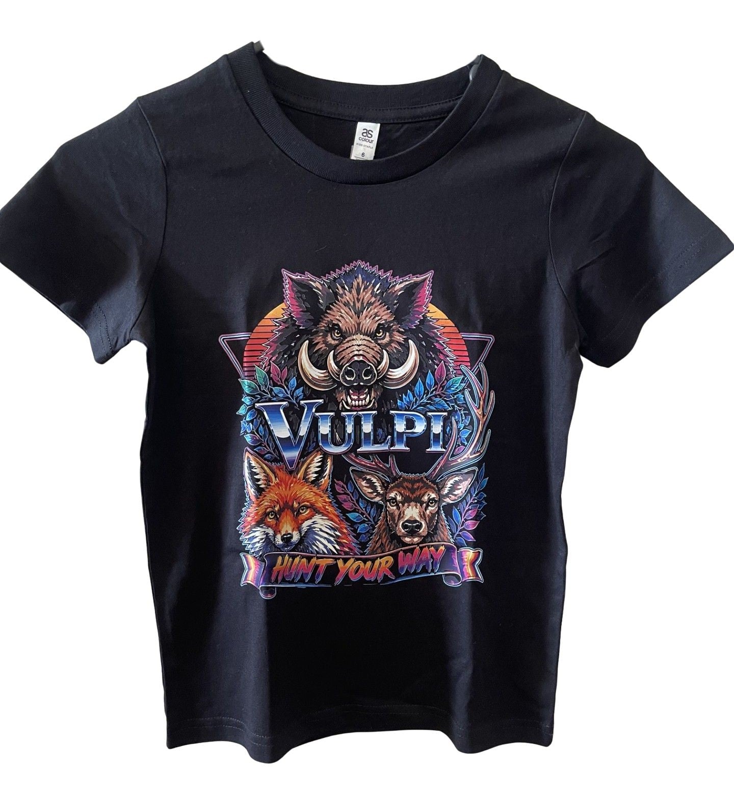 A black short-sleeve t-shirt with a colorful graphic print on the front featuring a boar, fox, deer, and the text 'VULPI' and 'HUNT YOUR WAY'.