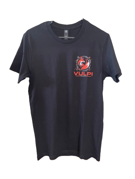 A black short-sleeve crewneck t-shirt featuring an orange and white graphic logo on the left chest with the text 'VULPI' underneath, displayed against a plain white background.