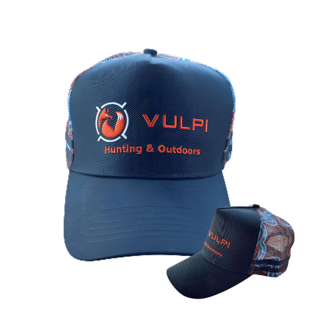Blue cap with Vulpi Hunting & Outdoors logo and coming home pattern
