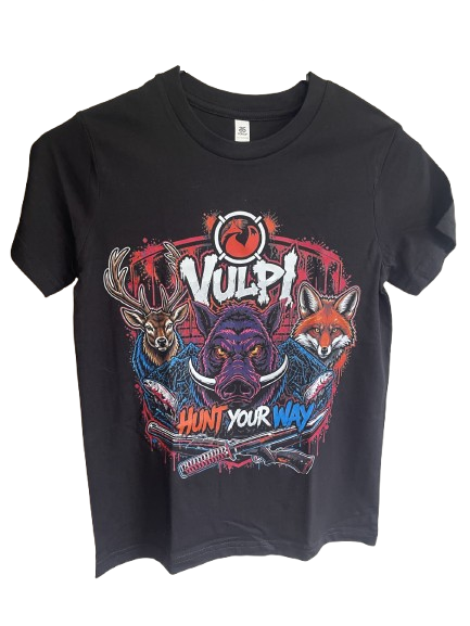 A black short-sleeve graphic t-shirt featuring the band Vulpi with a colorful print of a deer, boar, fox, and knives, on a white background.