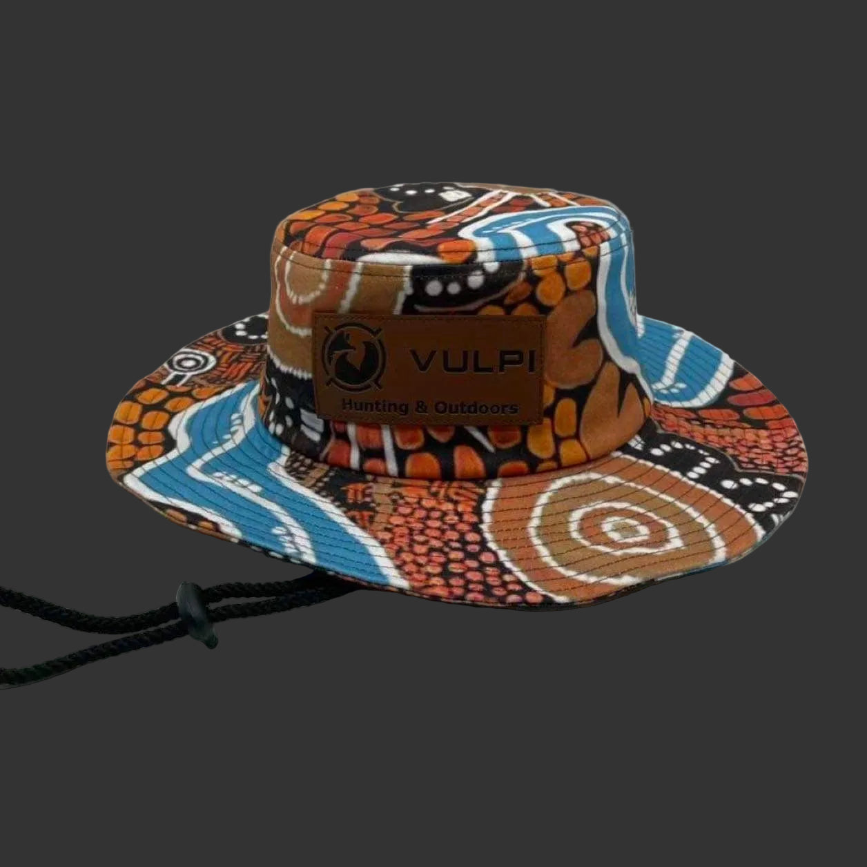 Colorful patterned bucket hat with 'Vulpi' branding